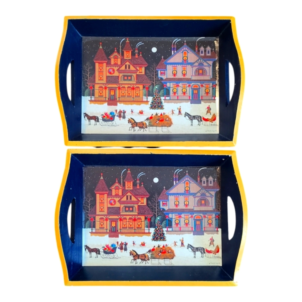 Charles Wysocki 2-Handle Tray Wood Vintage Americana Christmas Folk Art Lot of 2
